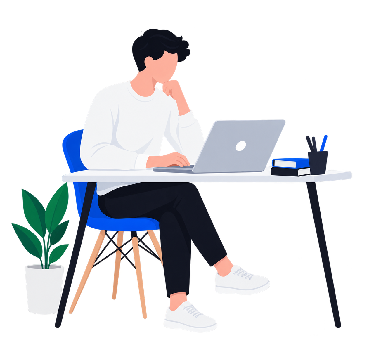 A person sitting at a desk working on a laptop, with a plant to the side, and stationery on the desk.