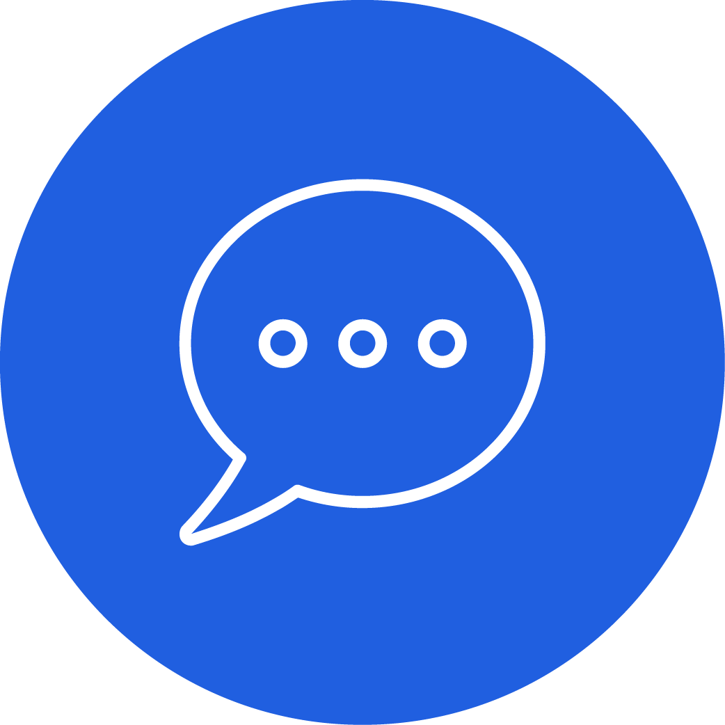 Blue chat icon with white speech bubble and three dots inside.