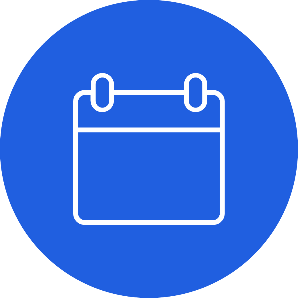 White calendar icon with a hanging clip on a blue circular background.