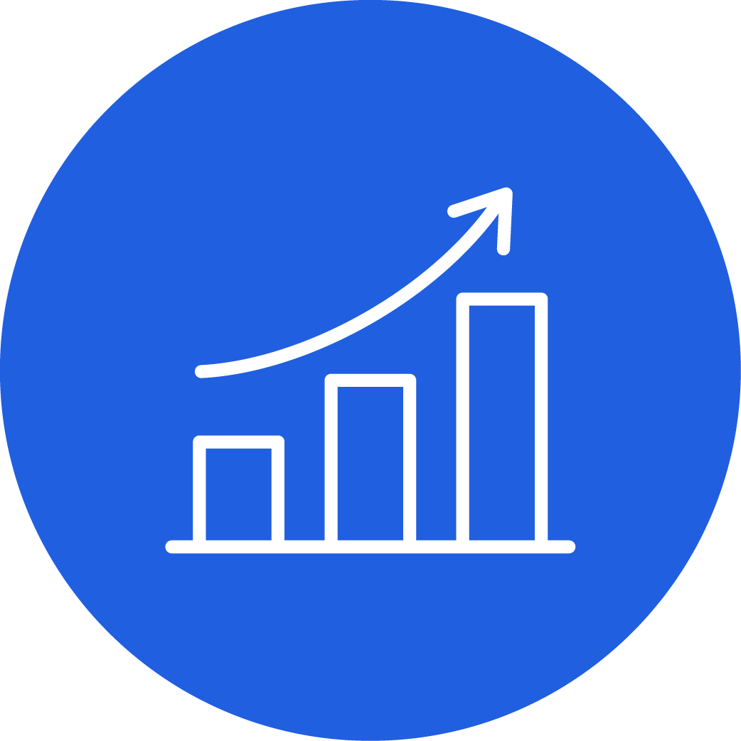Blue circular icon with a white bar graph showing increasing bars and an upward arrow.