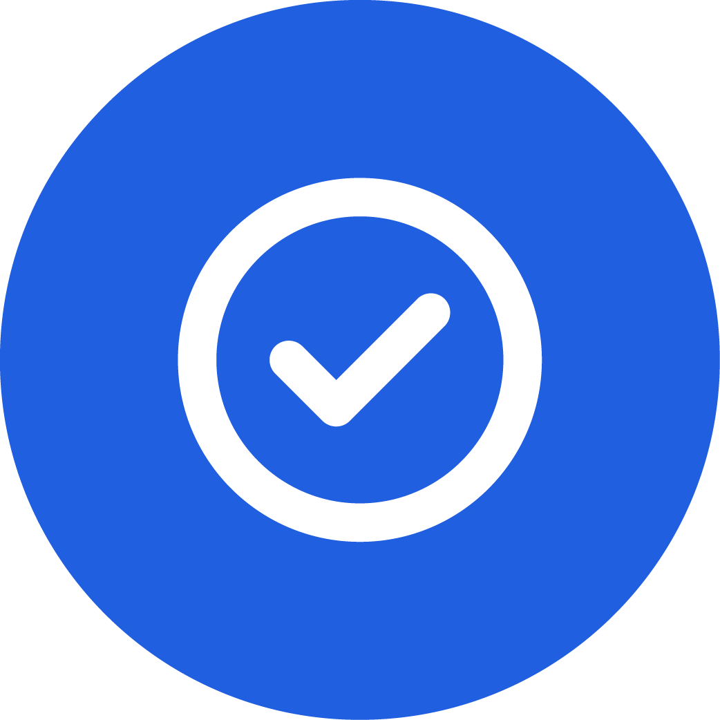 Blue circular icon with a white checkmark inside a circle in the center.