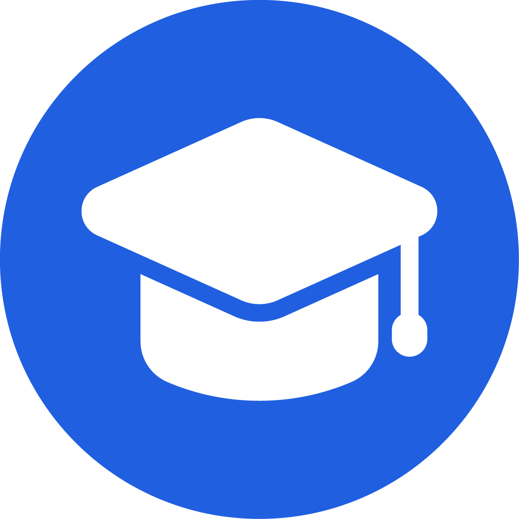 Icon of a white graduation cap on a blue circular background.