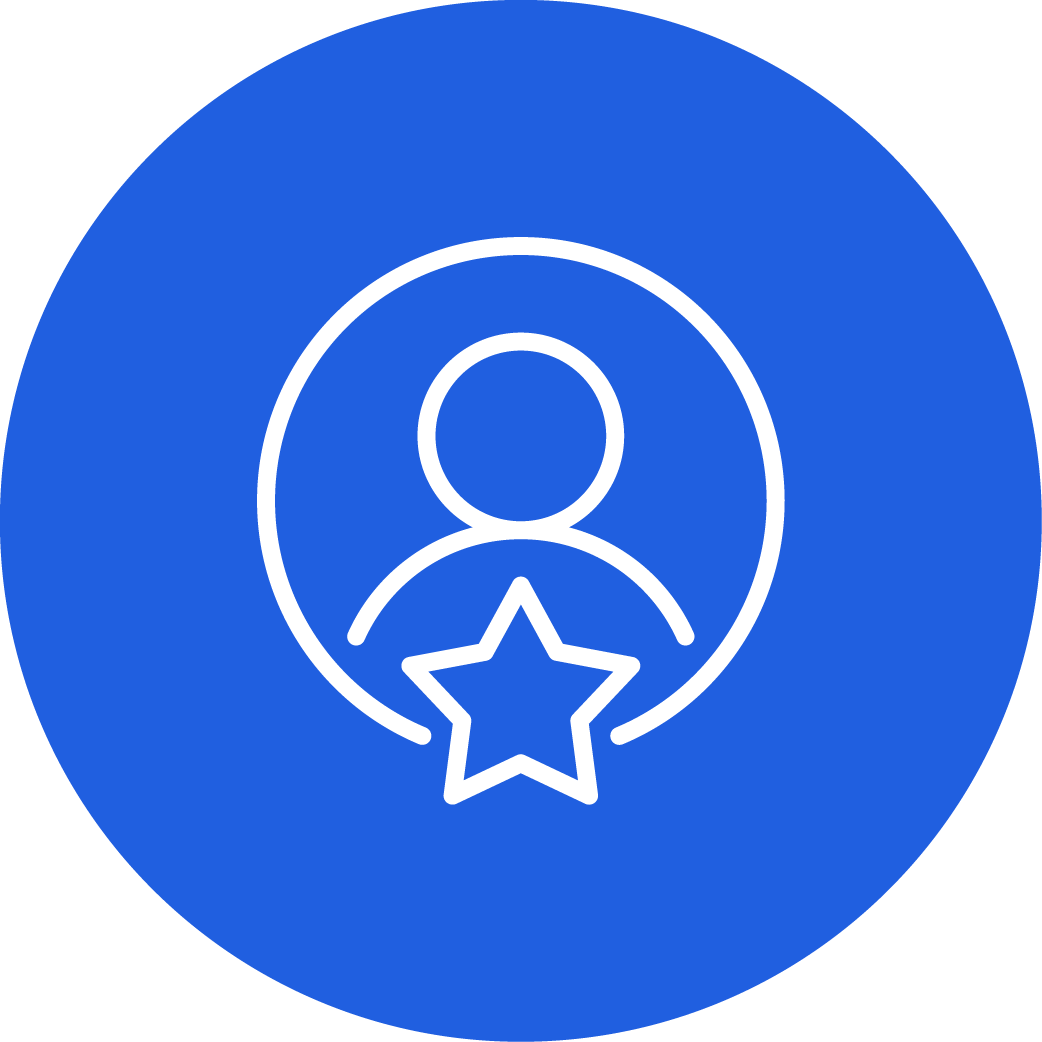 Icon of a person with a star badge on a blue circular background, representing achievement or recognition.