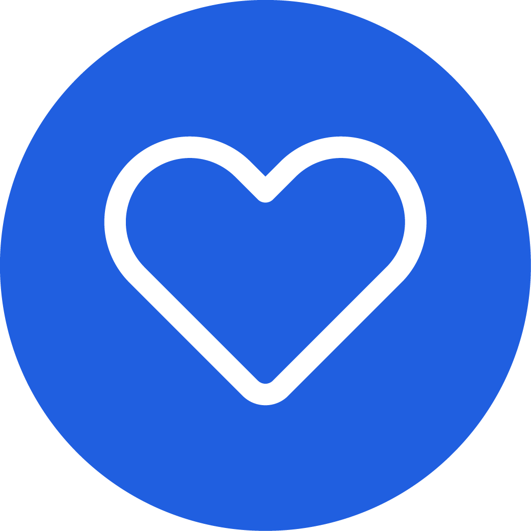 Blue circular icon with a white outline of a heart in the center.