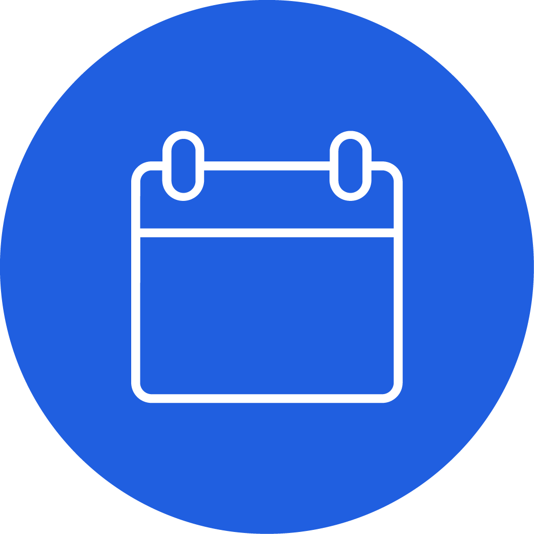 Icon of a calendar with two binder clips at the top, on a blue circular background.