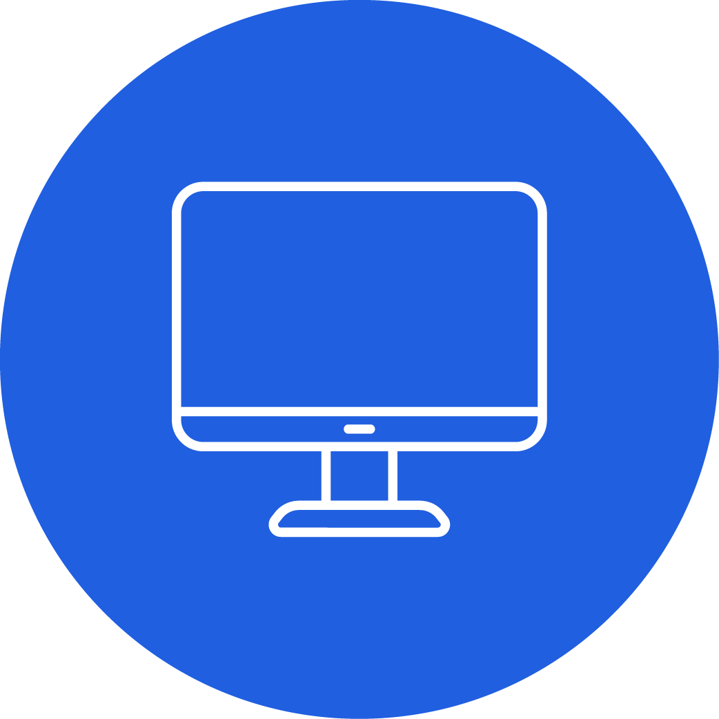 Icon of a desktop computer with a monitor and stand, on a blue circular background.