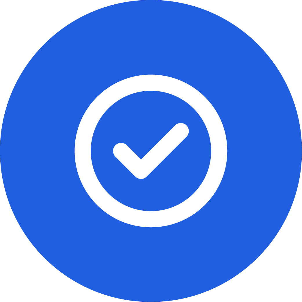Blue circular icon with a white check mark inside a circle in the center.
