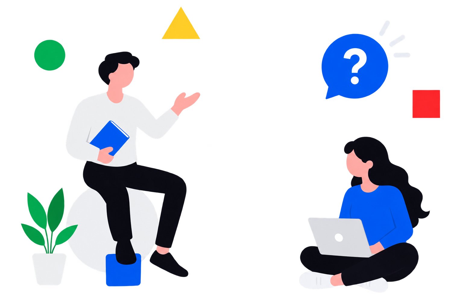 Illustration of two people having a discussion, one holding a book and gesturing, the other sitting with a laptop, surrounded by colorful digital icons and shapes.