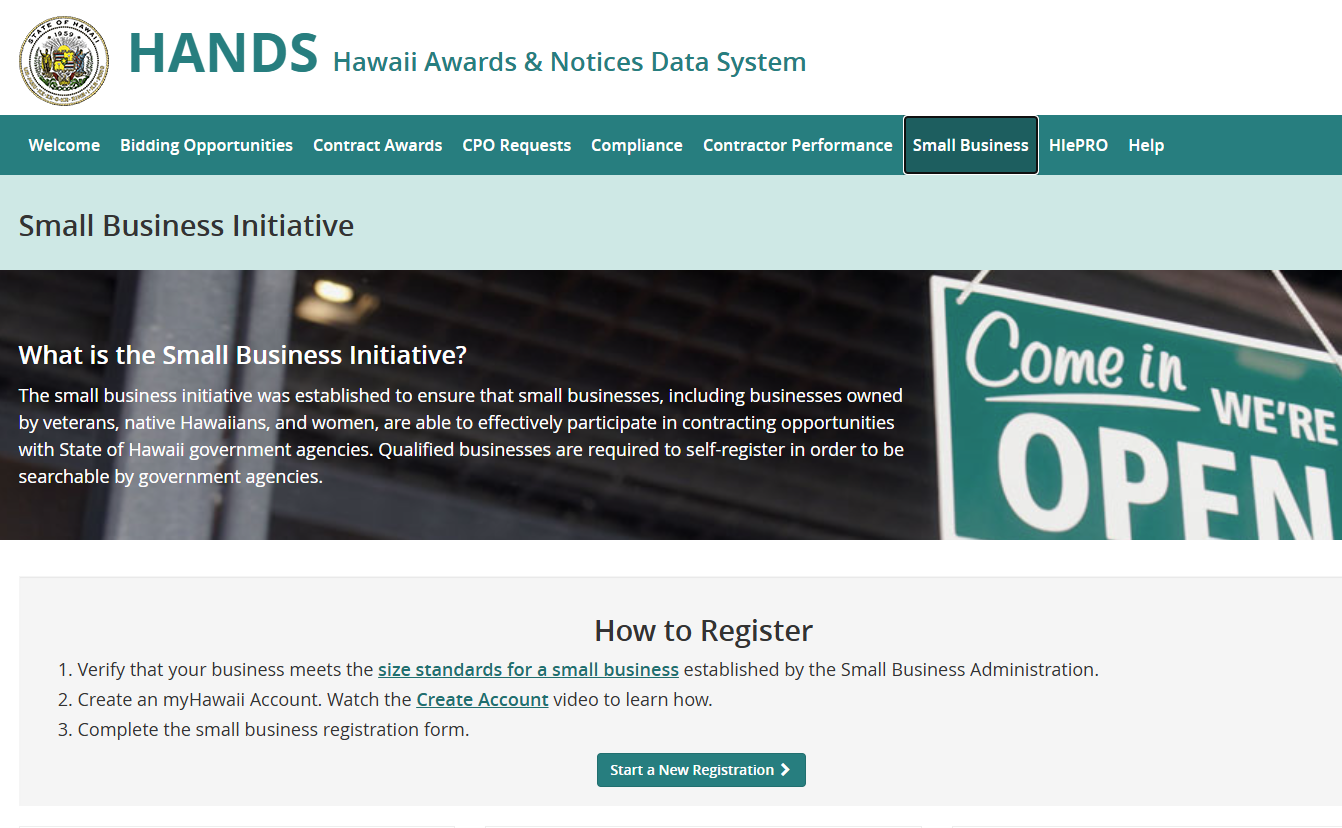 Screenshot of Small Business tab on HANDS website
