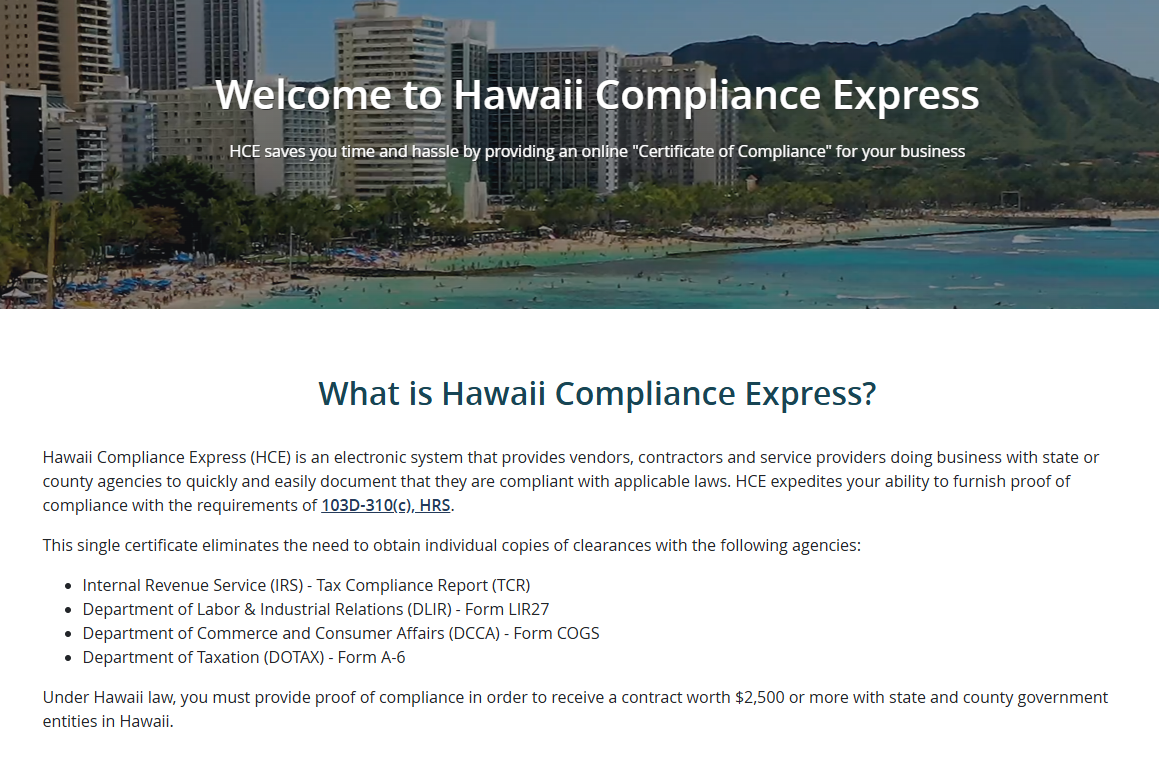 Screenshot of Hawaii Compliance Express website