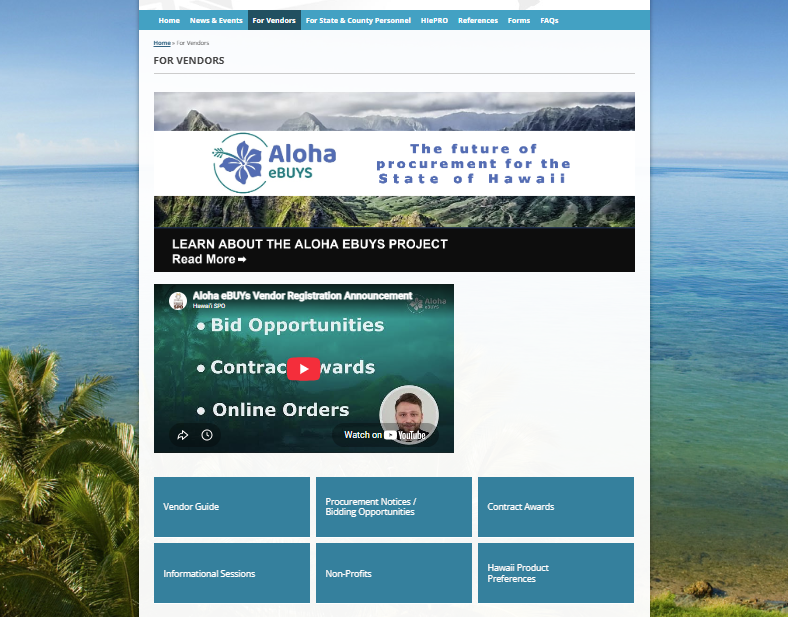 Screenshot of Hawaii State Procurement Office website - For Vendors