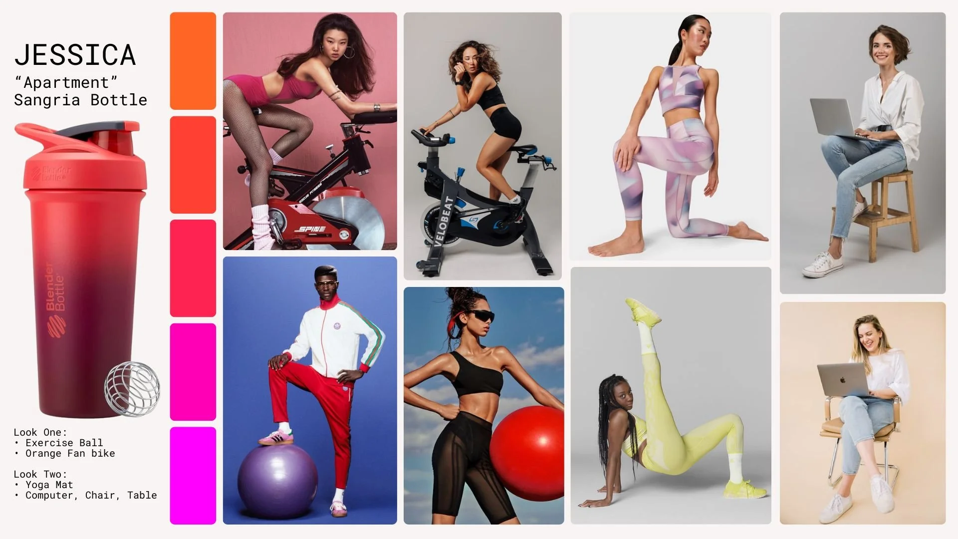 These mood boards are condensed versions of my visual shot list, created to guide model poses, prop interaction, and movement throughout the shoot. Each board includes the assigned bottle, color palette, model, and wardrobe styling notes, ensuring ev