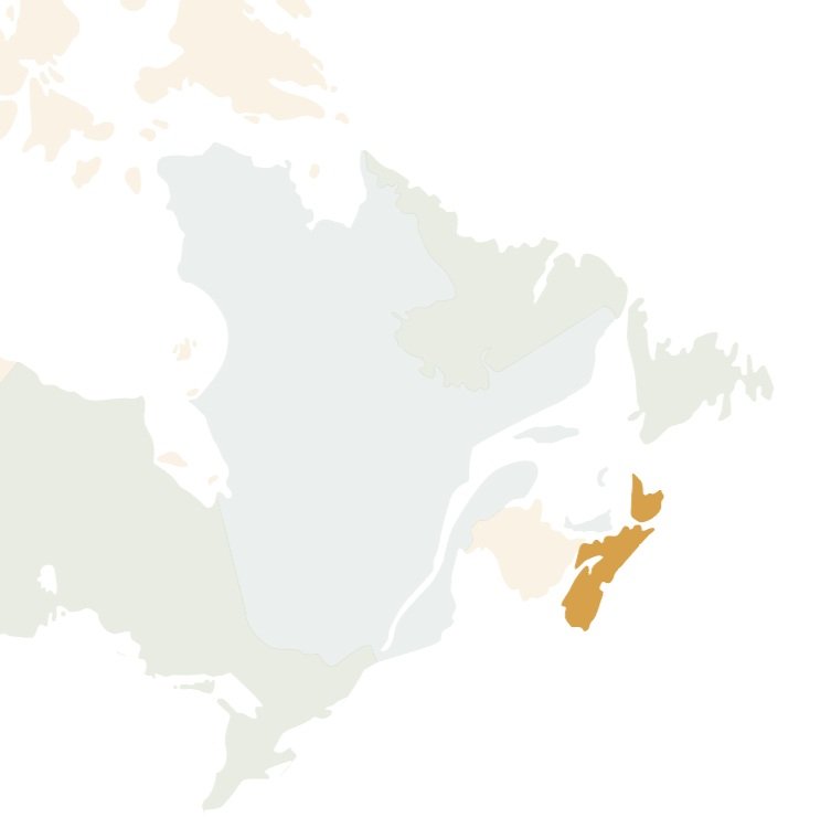 Partial map of Canada with highlighted colour on province of Nova Scotia.