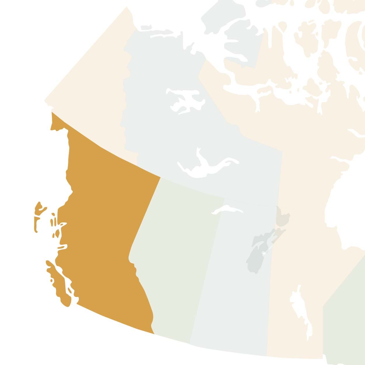 Partial map of Canada with highlighted colour on province of British Columbia.
