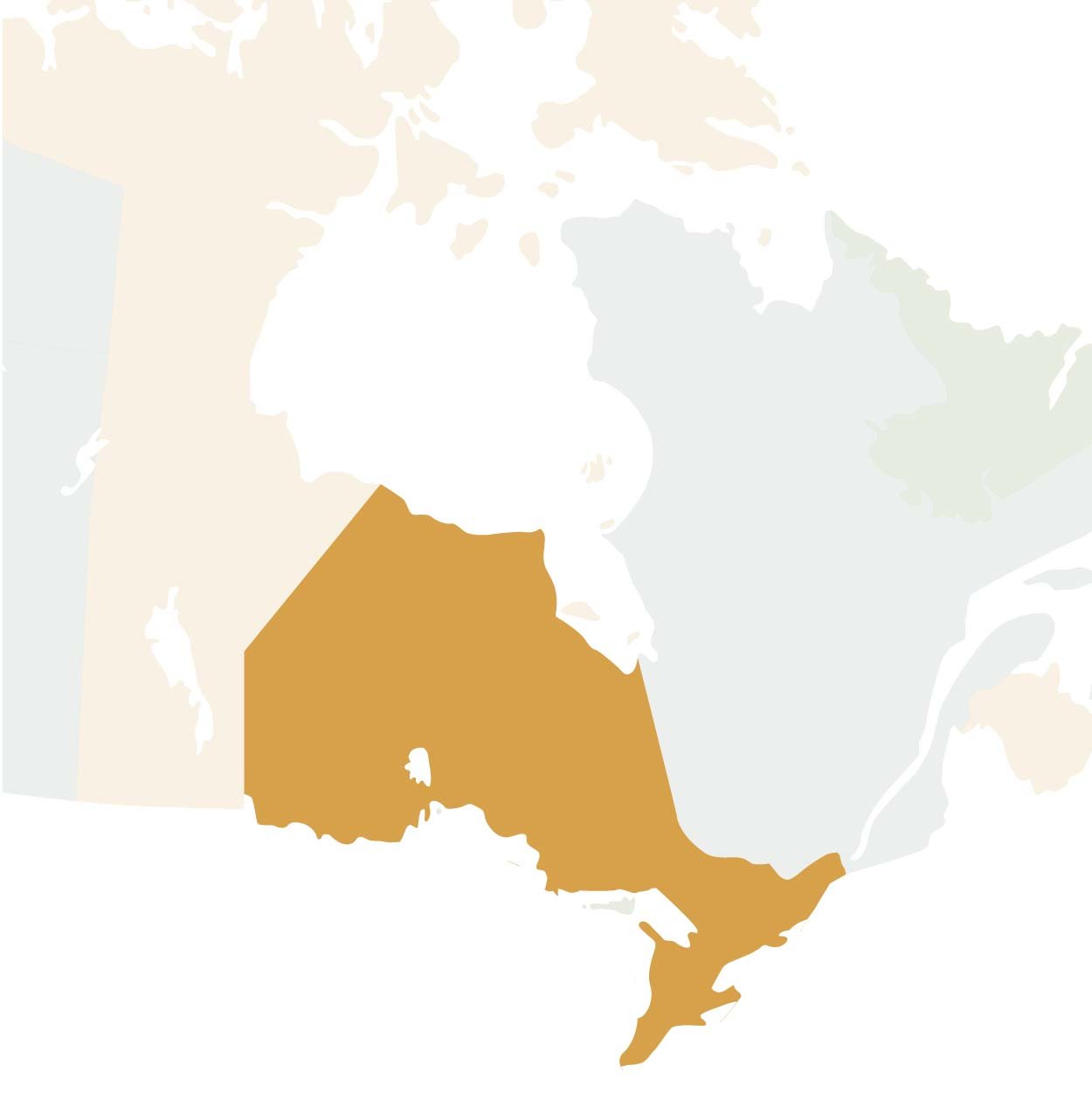 Partial map of Canada with highlighted colour on province of Ontario..