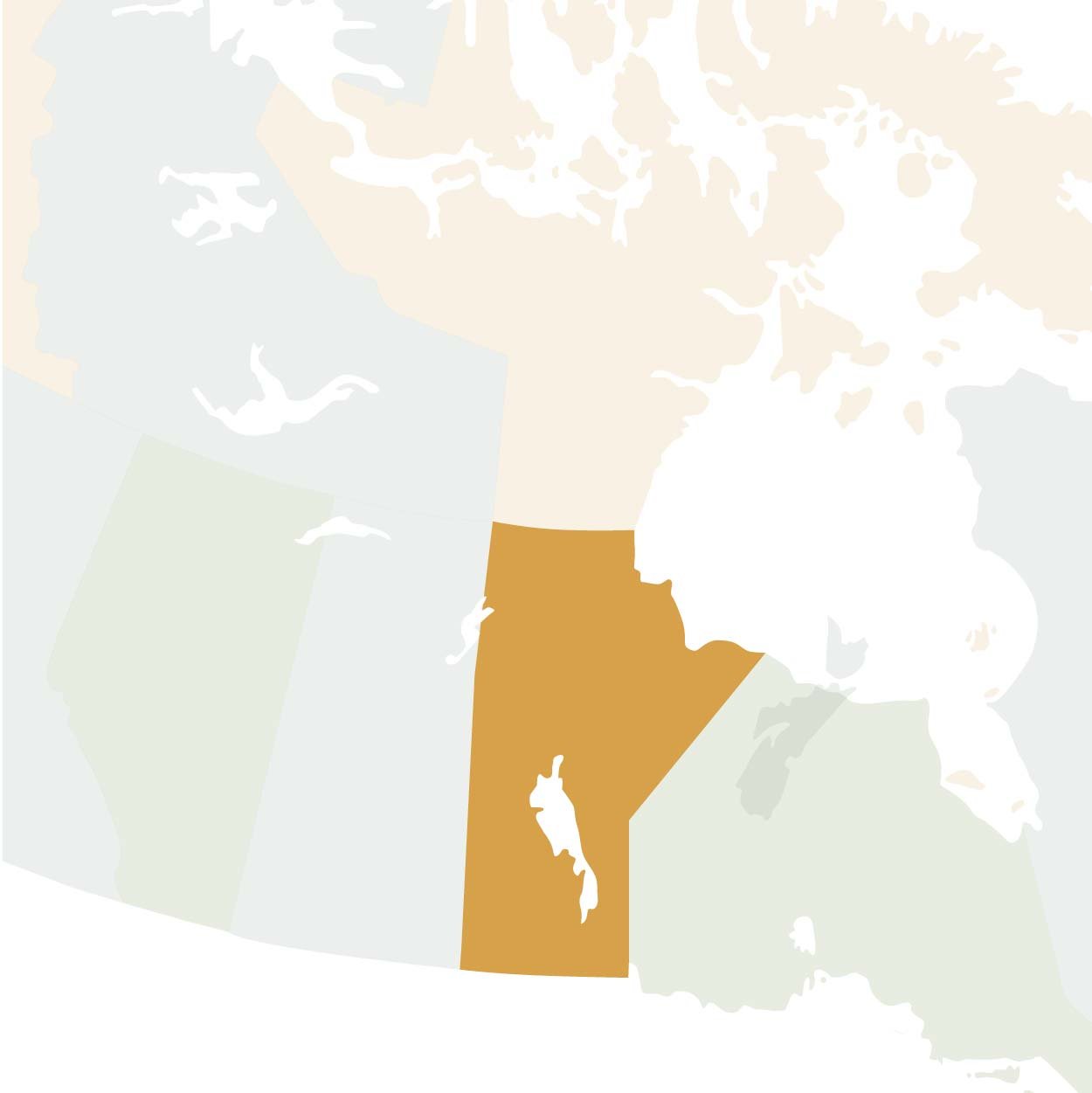Partial map of Canada with highlighted colour on province of Manitoba..