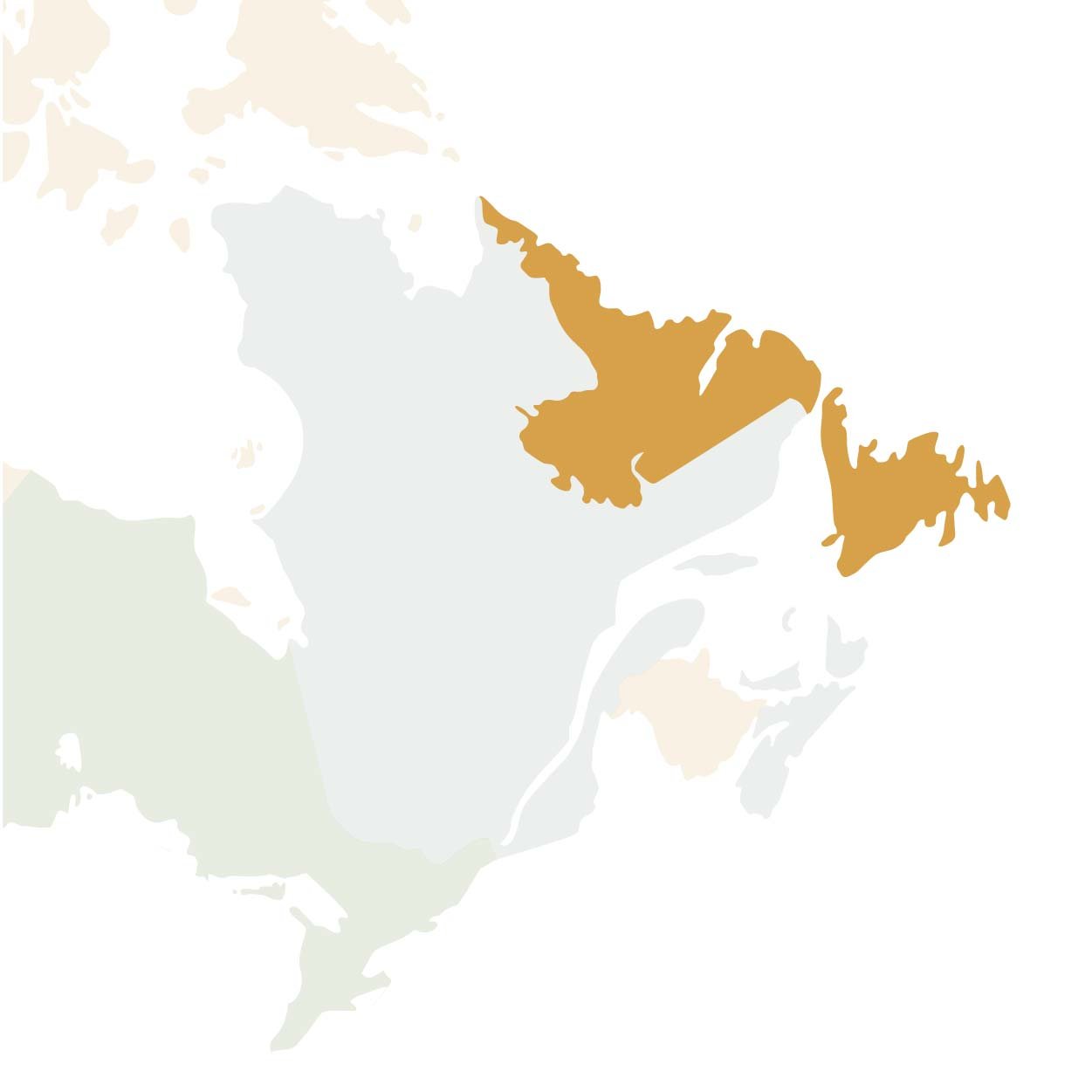 Partial map of Canada with highlighted colour on province of Newfoundland & Labrador.