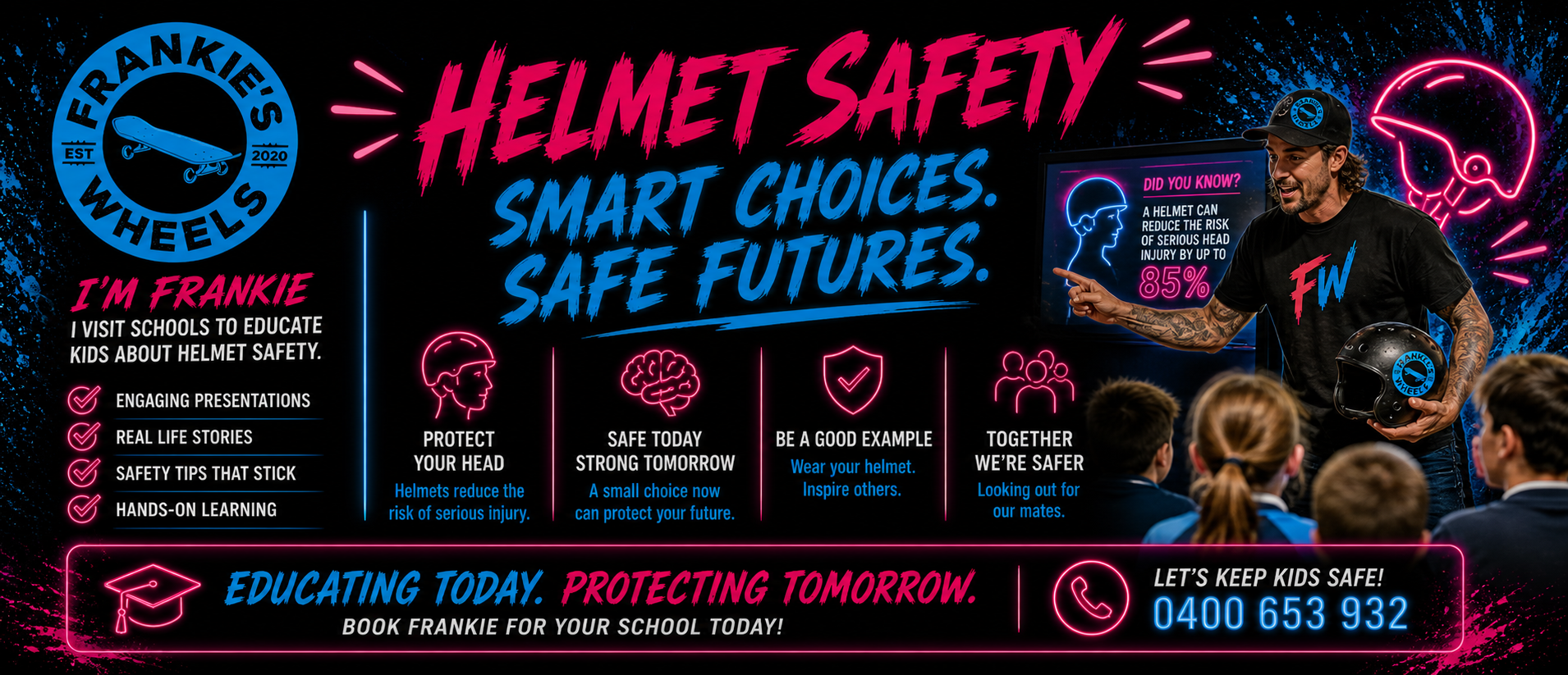 A colorful neon-style poster promoting helmet safety education. It features a man in a baseball cap and black t-shirt with a logo, speaking to children seated in front of him. The poster highlights facts about helmet safety, including a statistic that helmets reduce serious head injury risk by 85%. It includes icons representing helmet protection, future safety, good examples, and teamwork, with text emphasizing helmet use and safety tips. A phone number for safety contact is displayed at the bottom.