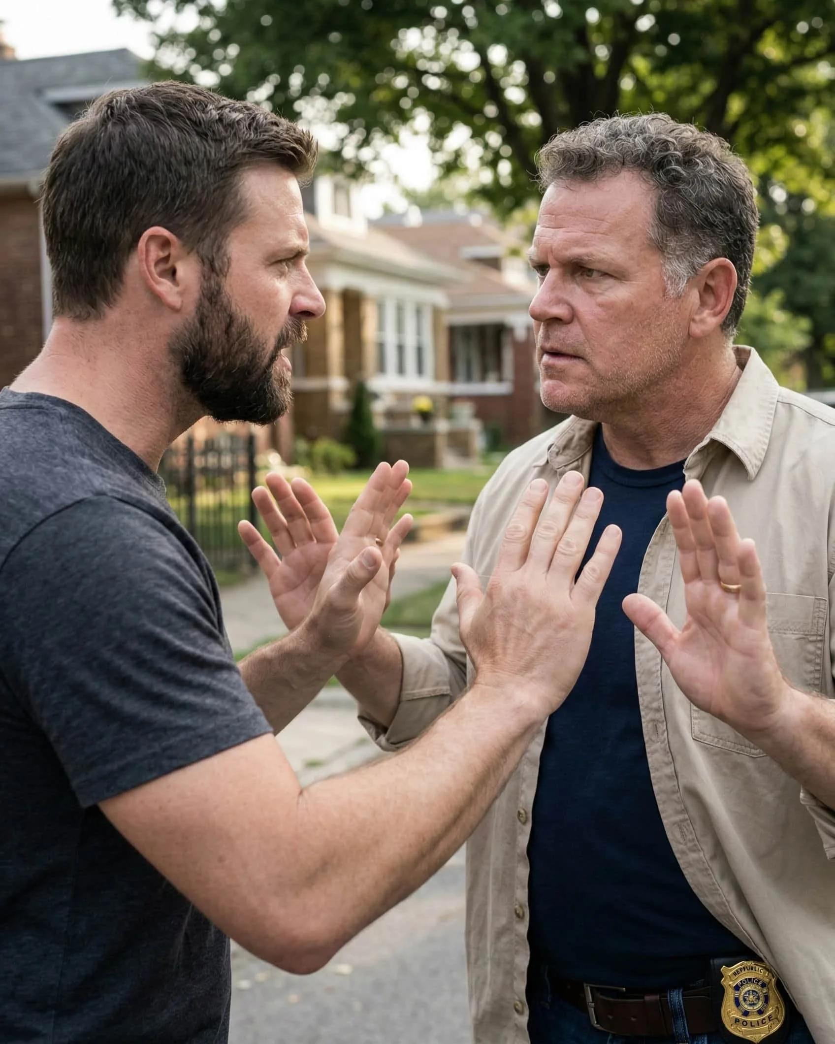 Two men stand face to face outdoors, both with hands raised in a tense conversation that could result in Assault of a Public Servant
