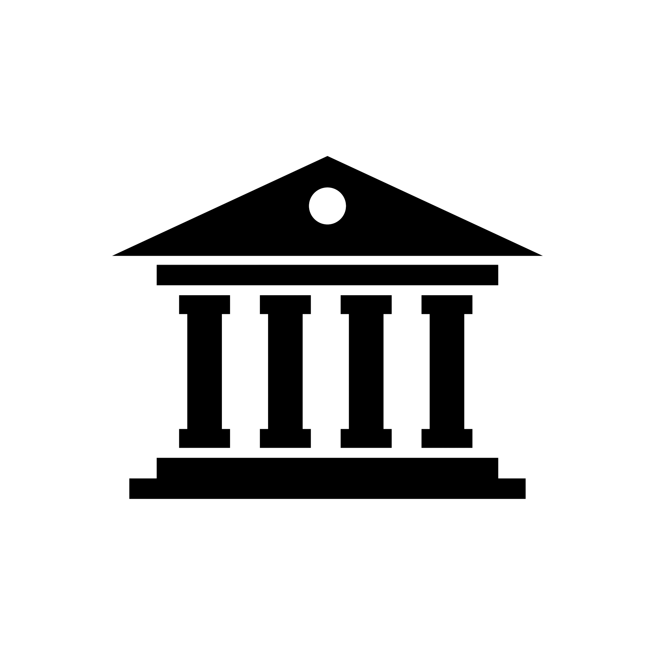 Outline drawing of a classical government building or courthouse with a triangular pediment, five columns, and a circular decoration in the pediment.