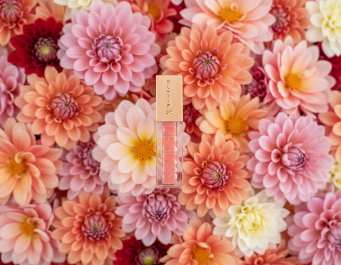A bottle of Marc Jacobs lip gloss placed on a bed of pink, peach, and yellow dahlias.