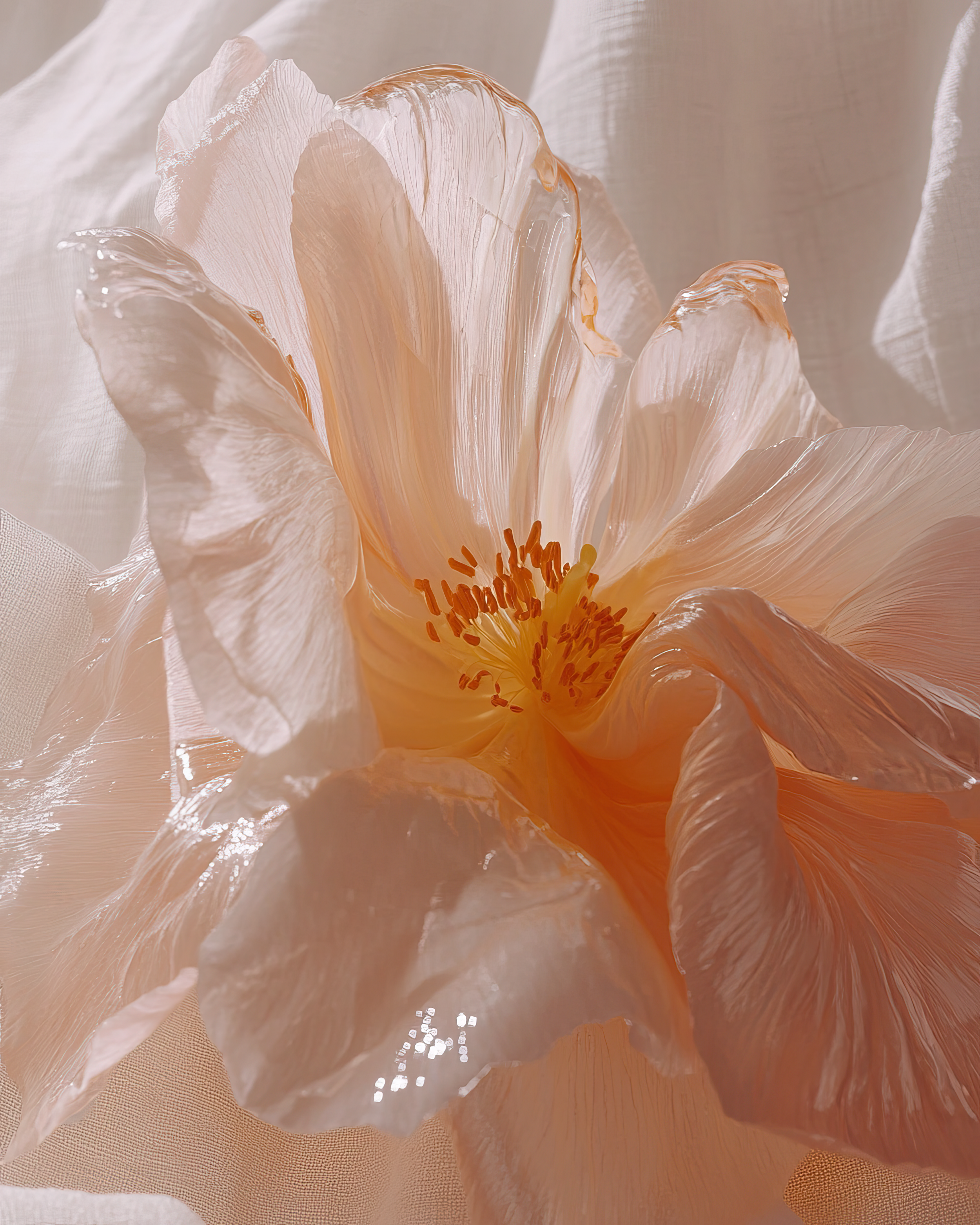 Close-up of a pale peach-colored flower with translucent petals and orange stamens, set against a soft, neutral background.