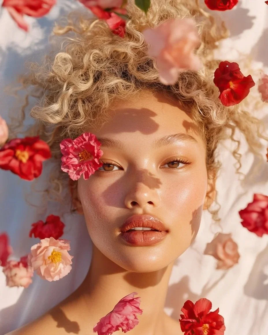 A young woman with curly blonde hair lying on a white surface surrounded by colorful flower petals, with soft lighting and a shadow of a flower on her face.