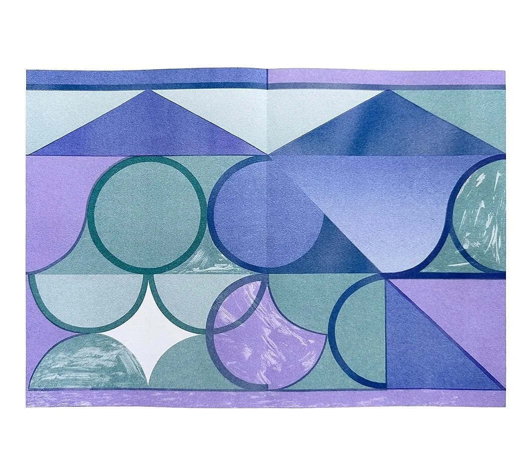 No. 1: medium blue, teal, violet
.
.
.
As lines connect from point to point, a circle forms when an end connects back to the beginning&mdash;a point of precision. Like signs of miracles are how the precision of geometries and patterns appear to us in