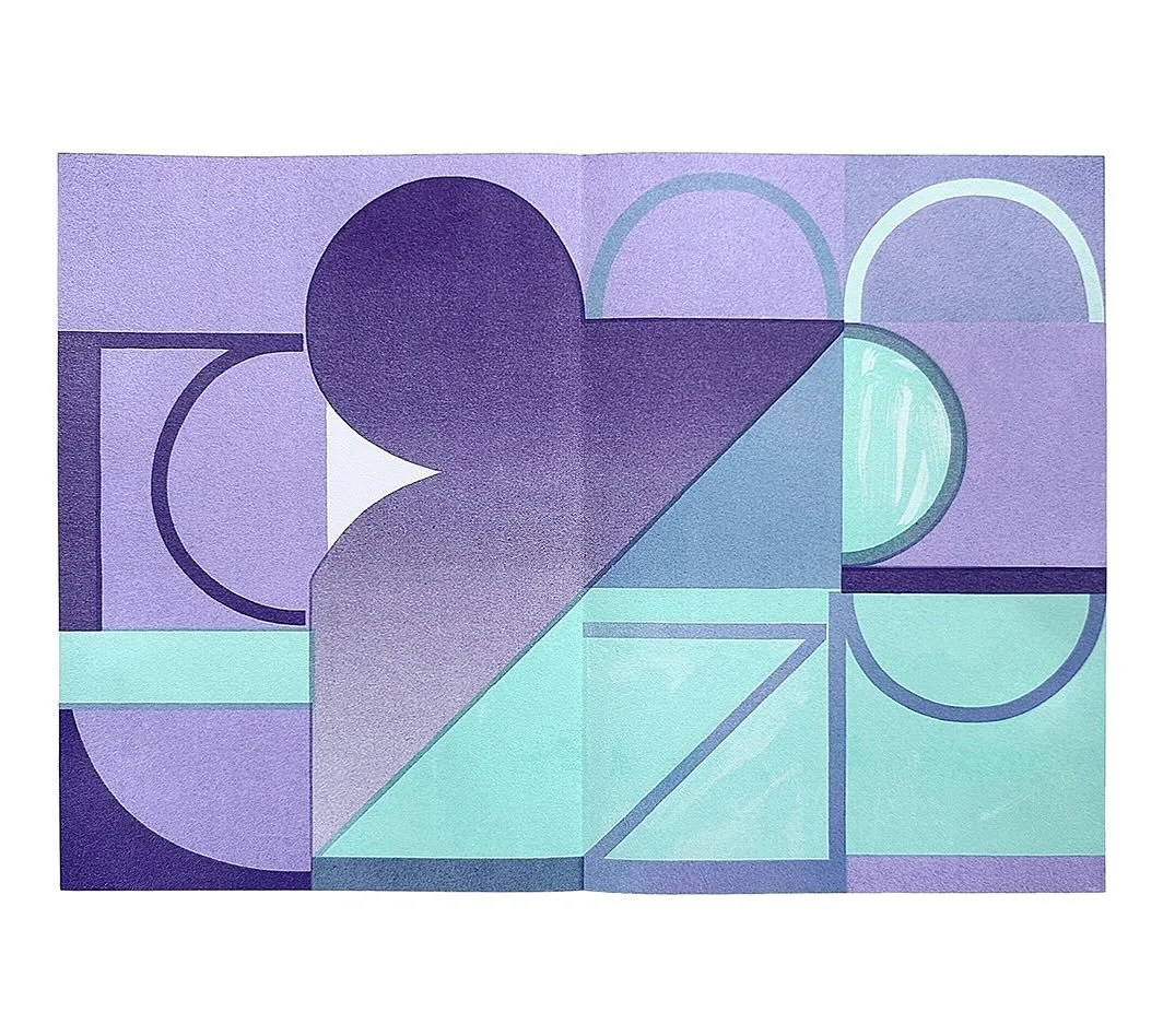 No. 6: mint, purple, violet
.
.
.
From half moon to half moon, geometry illustrates that all symmetrical forms are, in essence, identical&mdash;that is, possessing the quality of identicalness while being a mirror image of one half to another. Where 