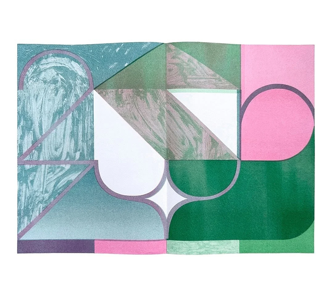 No. 8: bubblegum, green, teal
.
.
.
Under the condition of enclosed spatiality, when hues as translucent as light&mdash;in a reduced palette of green, teal, and pink&mdash;become compelled to overlap in space, their atoms and molecules intermingle to