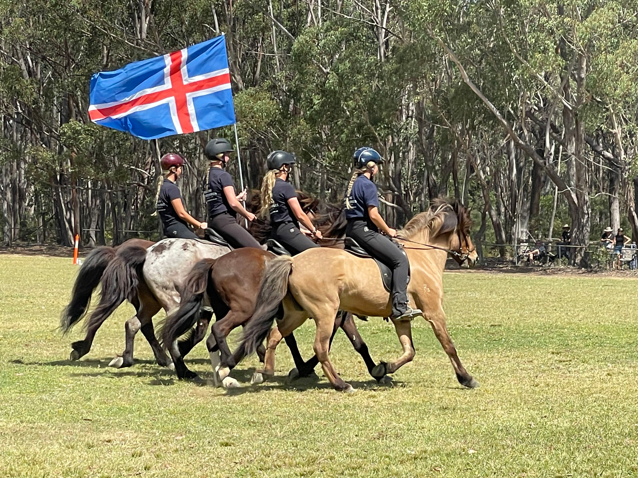 Four women riding horses in a line on a grassy field during daytime, with one woman holding a flag that has a cross design on a blue background, and trees in the background.