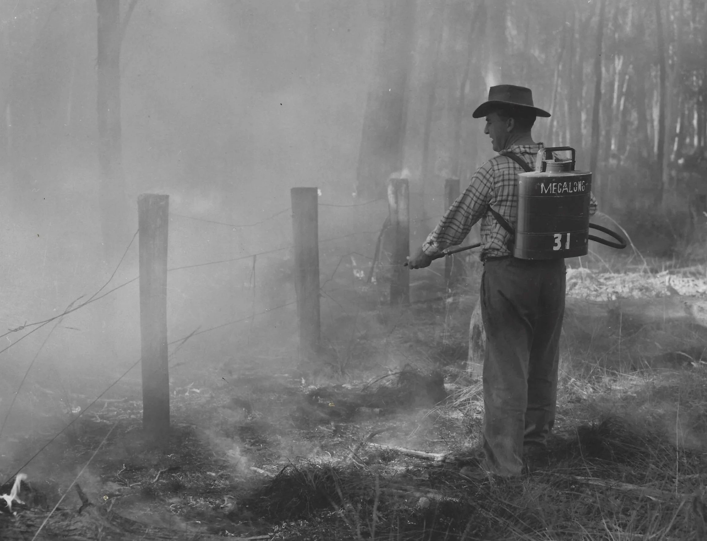 A man wearing a hat and plaid shirt is spraying a fire with a backpack fire extinguisher labeled 'MEGALONG' in a forested area with trees in the background.