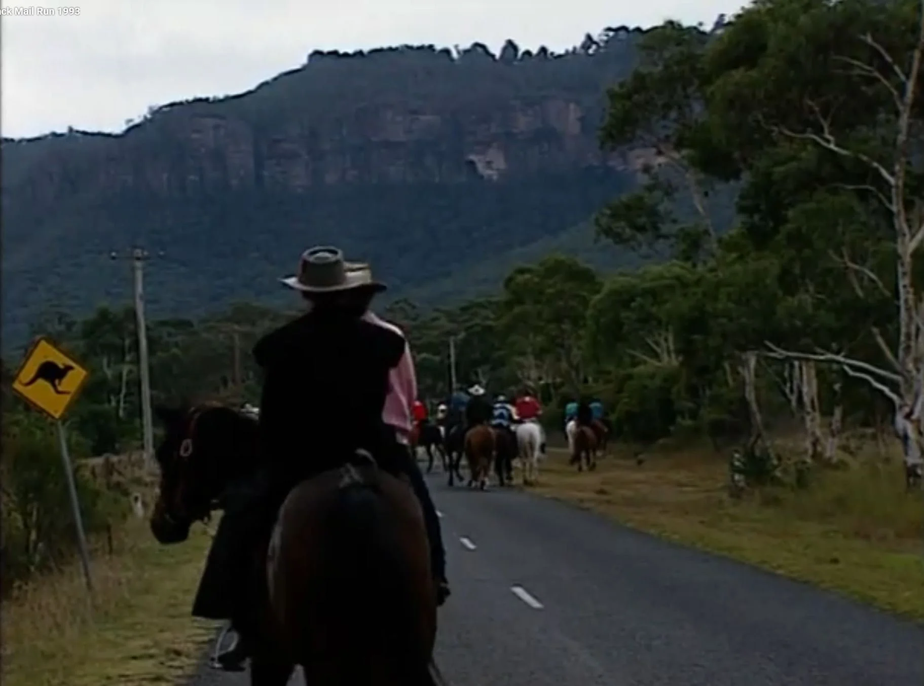 A person riding a horse on a rural road with a group of other horse riders in the background. There is a yellow kangaroo crossing sign on the side of the road and trees lining the road. A mountain is visible in the distance under an overcast sky.