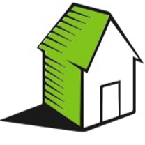 Illustration of a house with a green roof and a small door.