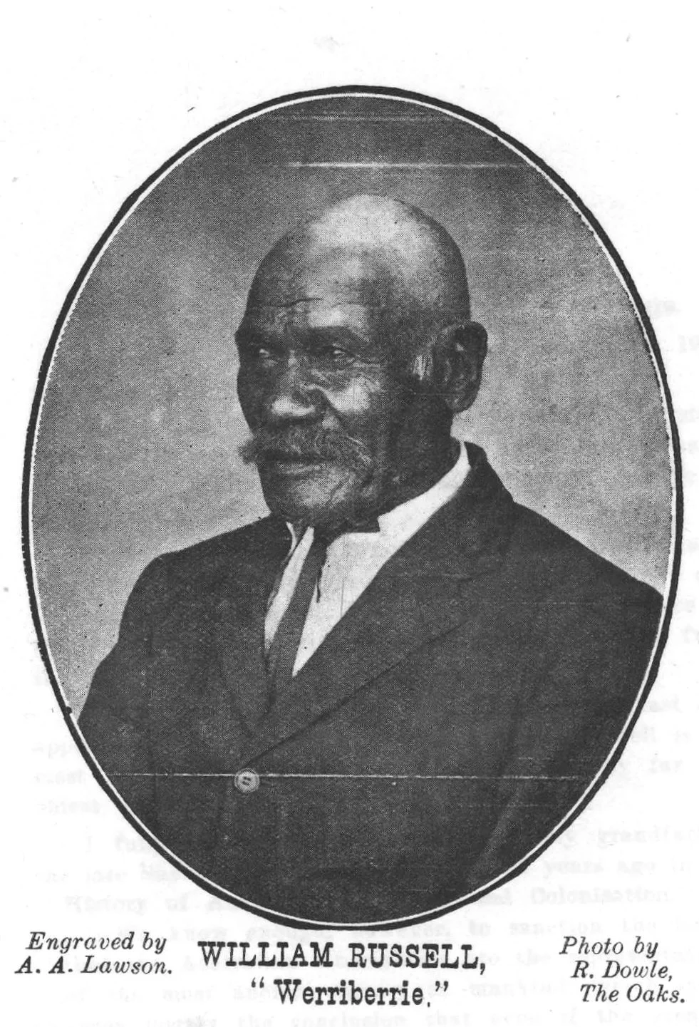 Black and white photograph of William Russell, also known as "Werriberrie," dressed in a suit with a high collar. The photograph is oval-shaped, with the caption indicating it was engraved by A. A. Lawson and photographed by R. Dowle from The Oaks.