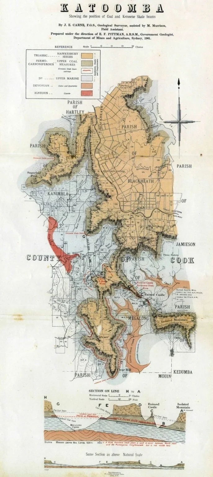 Historical geological map of Katoomba and Megalong Valley area, showing coal and kerosene shale seams, mineral measures, and geological formations from 1901, including sections on line and cross-section views.