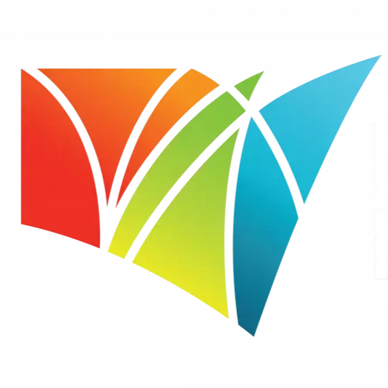 Colorful abstract geometric logo with red, orange, yellow, green, blue, and teal shapes