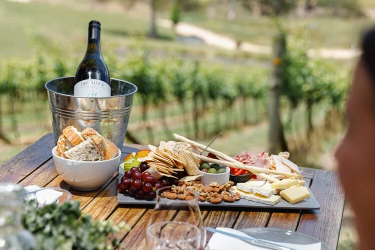 A wine bottle in a metal bucket, a bowl of bread, and a charcuterie board with cheese, grapes, nuts, and meats on a wooden table outdoors with a vineyard in the background.
