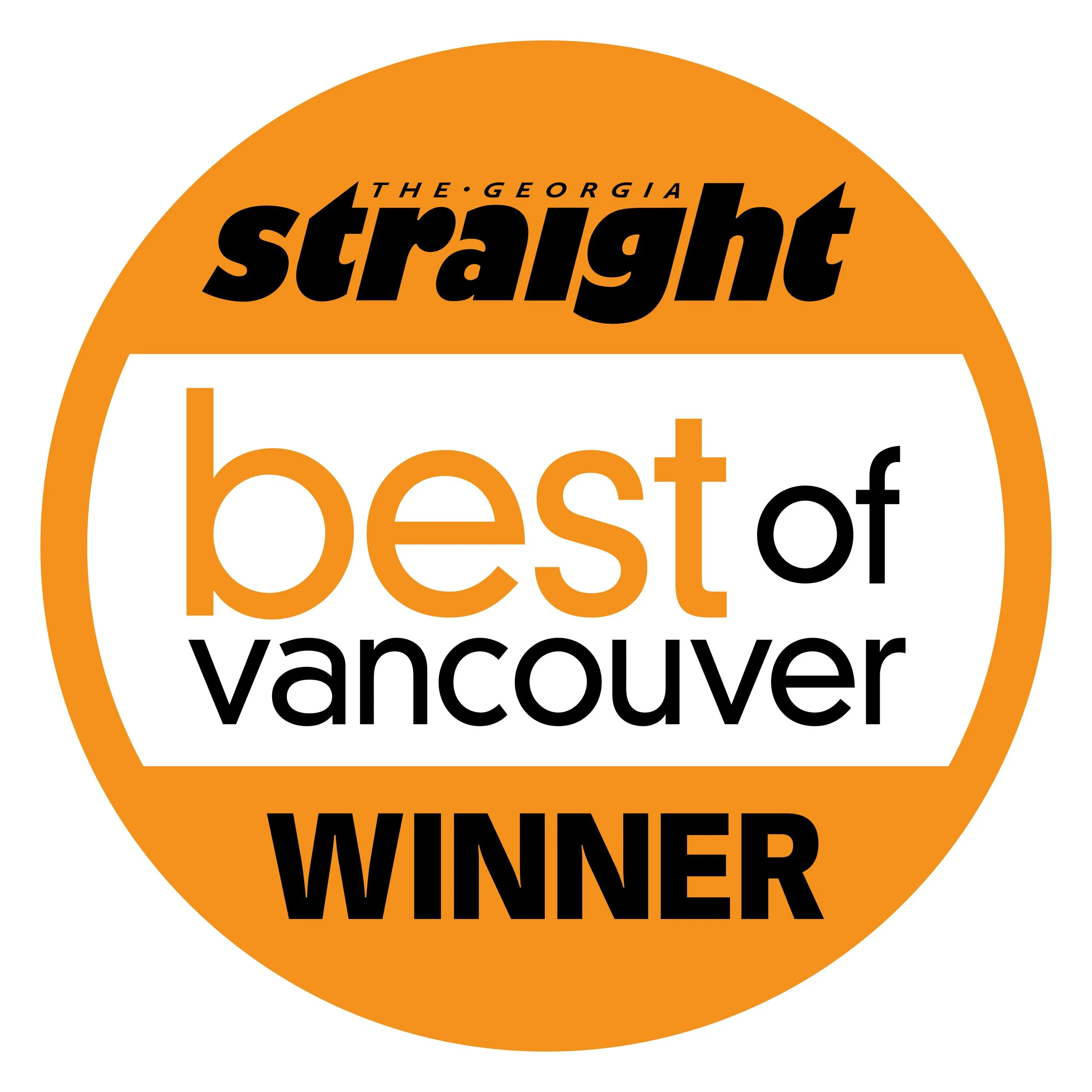 A circular badge with an orange background and black and white text. It reads 'The Georgia straight' at the top, 'best of vancouver' in the center, and 'WINNER' at the bottom.