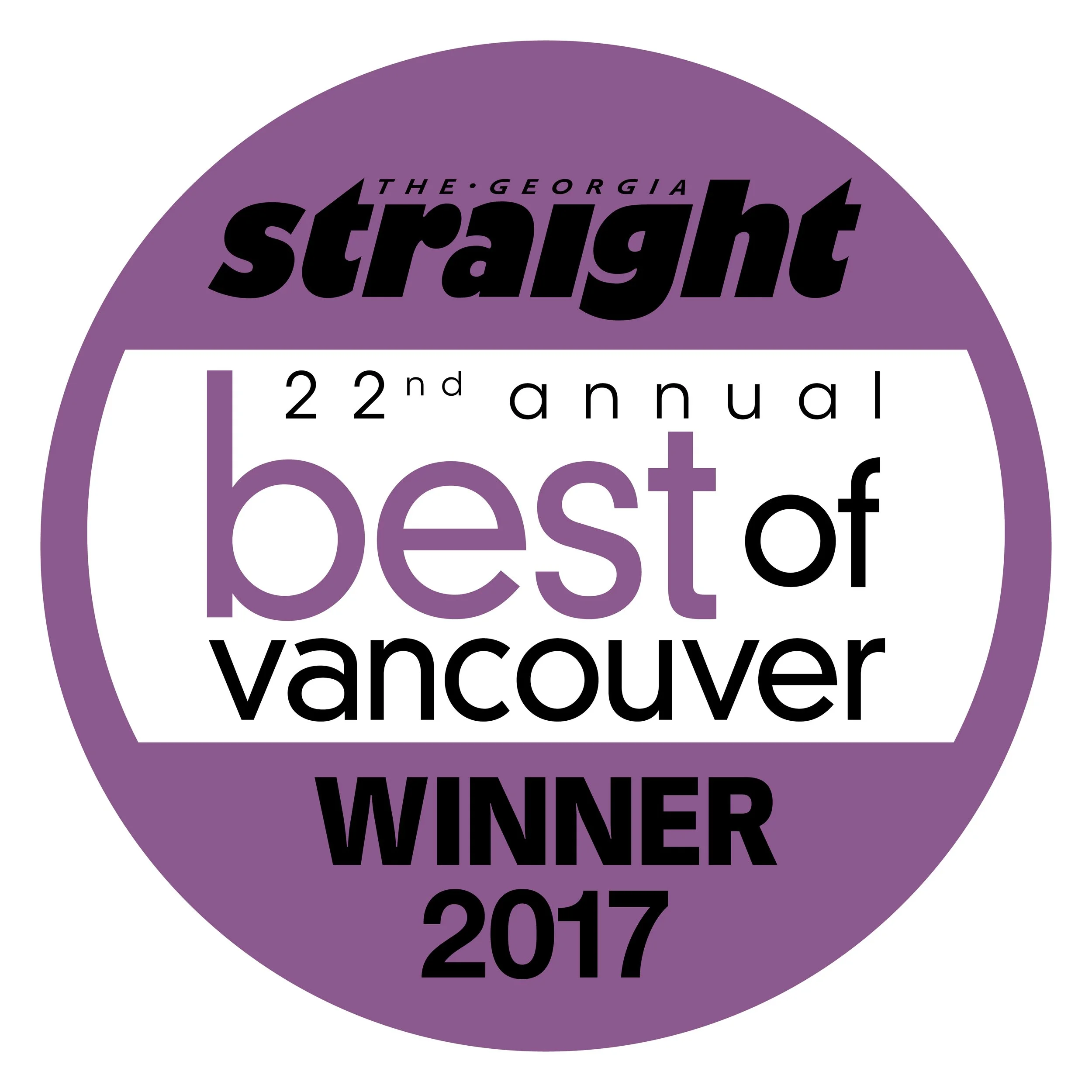 Circular badge with purple background, black and purple text stating 'The Georgia Straight 22nd annual best of Vancouver winner 2017'.