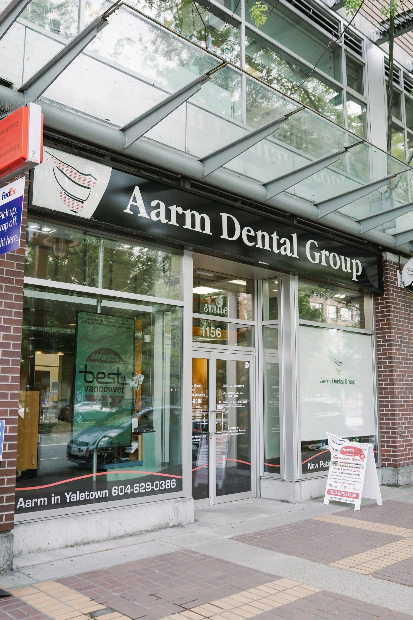 Aarm Dental Group clinic exterior at Yaletown, accepting new patients for affordable cosmetic and emergency dental care. We provide family & cosmetic dentistry. We accept all major plans including CDCP, and follow the BCDA fee guide.