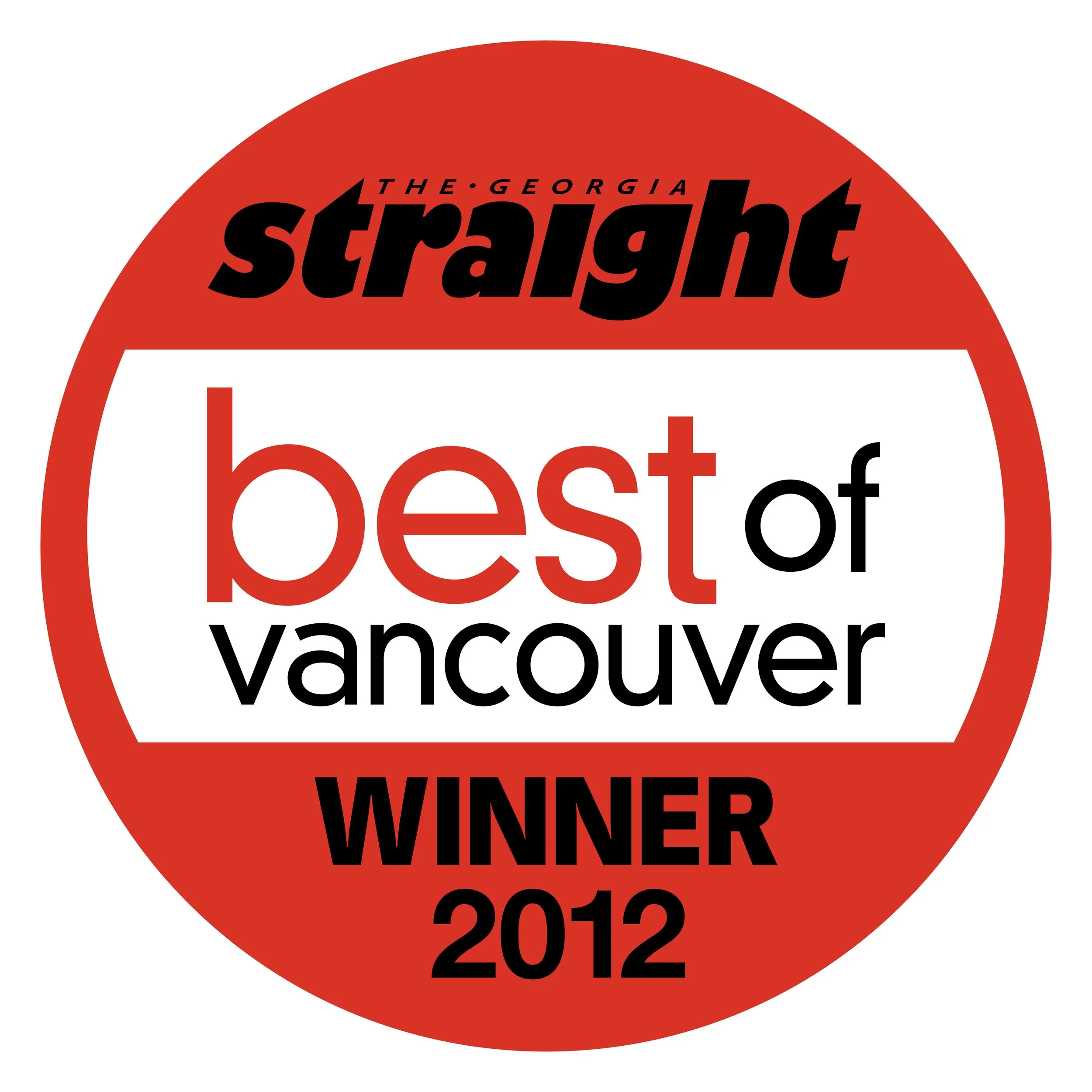 A circular badge with a red background and white center featuring black and red text. The badge reads 'The Georgia straight best of vancouver winner 2012'.