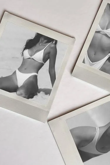 Black and white photos of a woman posing in a bikini on a beach, arranged on a flat surface.