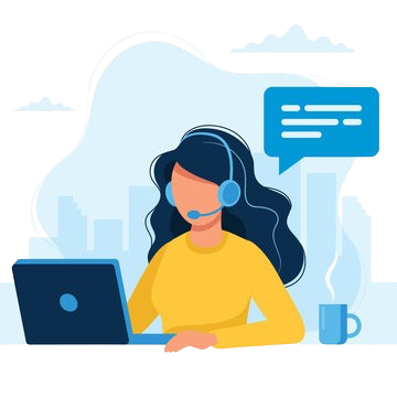 Illustration of a woman with dark hair wearing a headset, sitting at a desk with a laptop, speaking with a speech bubble, coffee cup nearby.