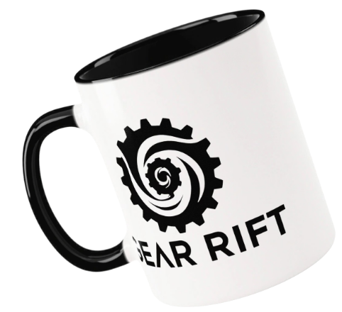 White mug with black interior and handle, featuring a black gear and spiral design with the text "GEAR RIFT".