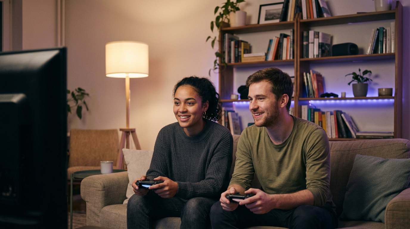 A young woman and a young man sitting on a beige couch in a cozy living room, playing video games together, smiling, with a bookshelf and warm lighting in the background.