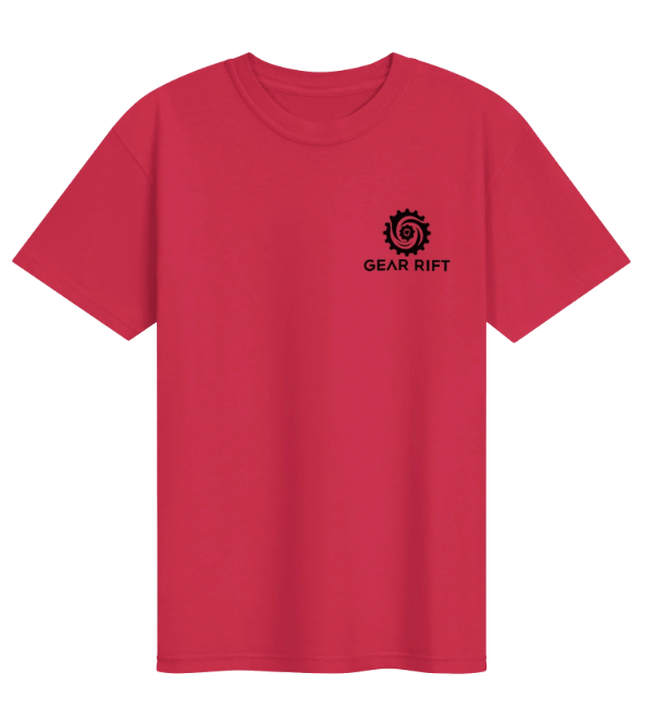 Red T-shirt with a black gear spiral logo and the words "GEAR RIFT" printed on the upper left chest.