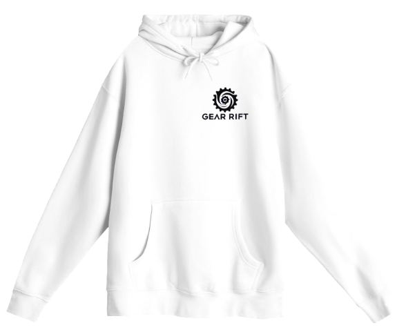 White hoodie with a logo that includes a gear and spiral design, and the text 'GEAR RIFT' beneath it.