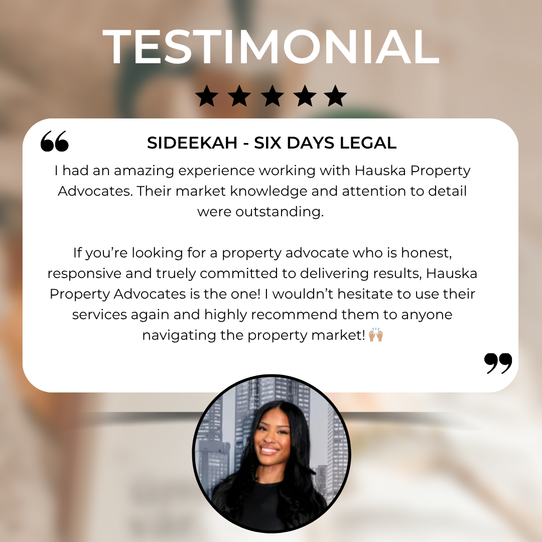 A testimonial graphic featuring a five-star rating at the top, a positive customer review for Hauska Property Advocates, and a photo of a smiling woman with long black hair in front of a cityscape background.