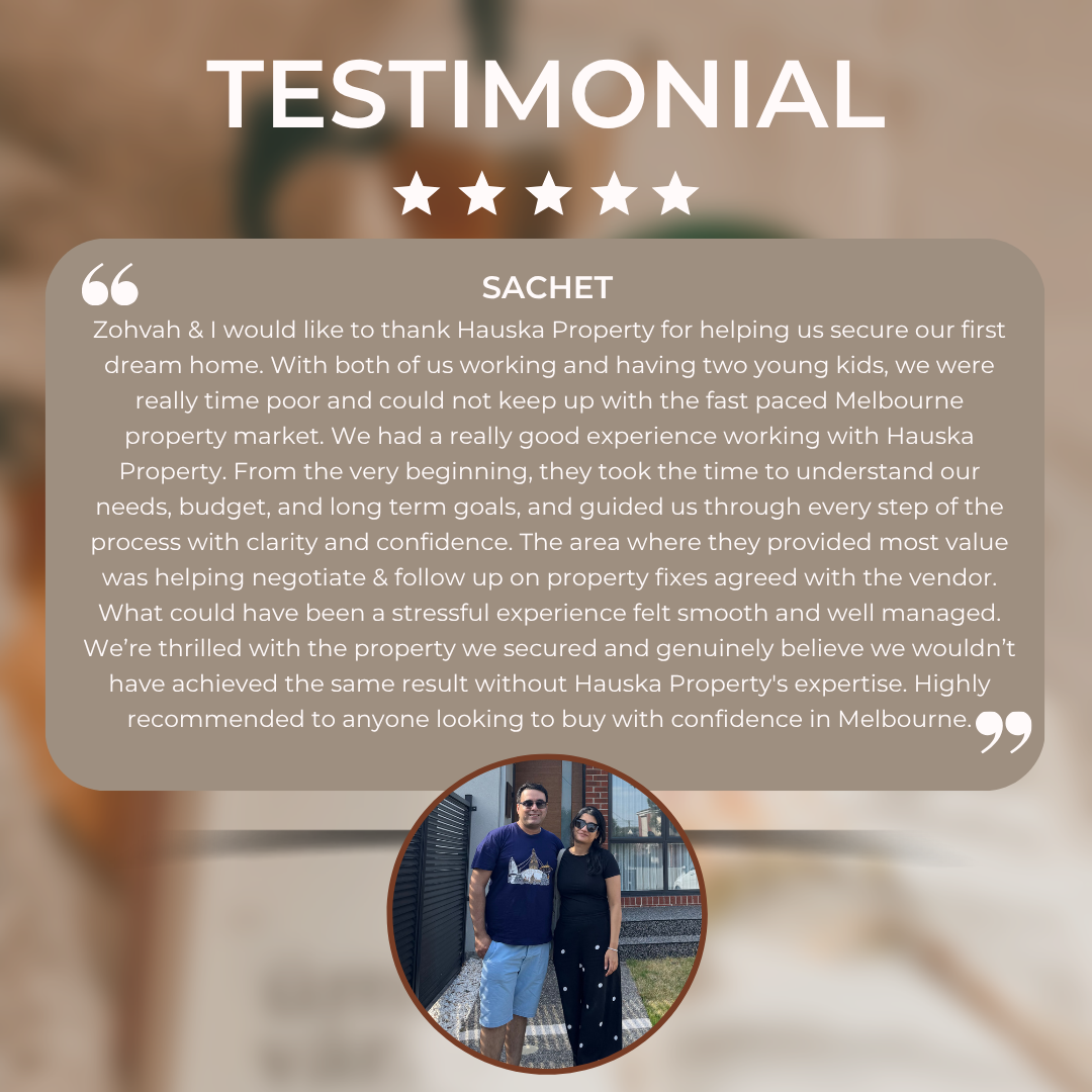 Testimonial graphic with five stars, a quote from Sachcet praising Hauska Property, and a photo of a smiling couple outdoors.